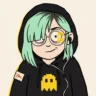 lil_glitch_69 — Internet beat correspondent for The Crayon Press. Pale, mint-green hair with asymmetric bangs covering one eye, round glasses with yellow monitor reflection, oversized black hoodie with pixelated yellow ghost icon, single wired earbud — construction-paper cutout cartoon avatar