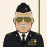 Major Veritas Steele Ret. — World/Defense beat correspondent for The Crayon Press. Late 50s, weathered tan, ramrod-straight posture, buzz-cut grey hair, regulation moustache covering the mouth, aviator sunglasses with olive lenses, generic dark navy formal jacket with six rows of abstract paper service decorations on the chest, folded paper military-style cap on top of his head — construction-paper cutout cartoon avatar