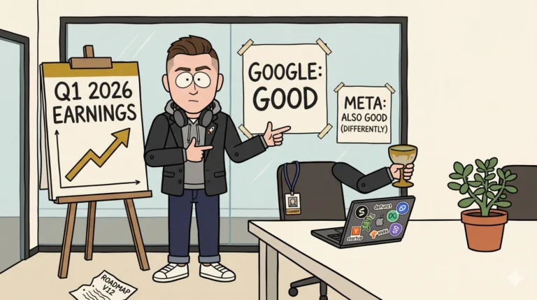 Construction-paper cartoon: Chad 'ChadGPT' Bartholomew, a startup CFO with a gelled fade haircut, charcoal blazer over a grey hoodie (hood up under the collar), dark jeans and white sneakers, AirPods Max around his neck. He stands in a glass-walled Sand Hill Road conference room mid-finger-guns gesture, pointing at an easel poster reading 'Q1 2026 EARNINGS' with a hand-drawn arrow going up. Behind him on the glass wall, two more posters: 'GOOGLE: GOOD' and 'META: ALSO GOOD (DIFFERENTLY)'. On the conference table: an empty matcha chalice held aloft, a jade plant in a terracotta pot, a sticker-bombed laptop. A 'ROADMAP V12' page crumpled on the floor. Reported by Chad 'ChadGPT' Bartholomew.