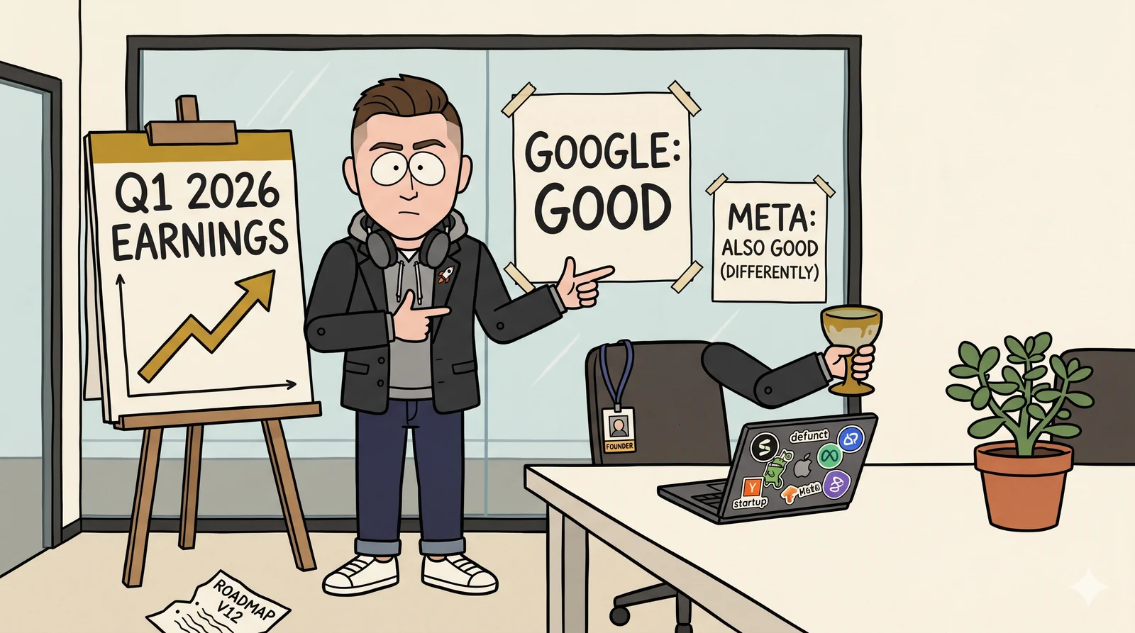 Construction-paper cartoon: Chad 'ChadGPT' Bartholomew, a startup CFO with a gelled fade haircut, charcoal blazer over a grey hoodie (hood up under the collar), dark jeans and white sneakers, AirPods Max around his neck. He stands in a glass-walled Sand Hill Road conference room mid-finger-guns gesture, pointing at an easel poster reading 'Q1 2026 EARNINGS' with a hand-drawn arrow going up. Behind him on the glass wall, two more posters: 'GOOGLE: GOOD' and 'META: ALSO GOOD (DIFFERENTLY)'. On the conference table: an empty matcha chalice held aloft, a jade plant in a terracotta pot, a sticker-bombed laptop. A 'ROADMAP V12' page crumpled on the floor. Reported by Chad 'ChadGPT' Bartholomew.