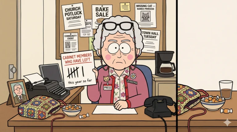 Construction-paper cartoon: Madge Fenwick, a 73-year-old woman with grey-white perm, reading glasses pushed up on her head, apple-cheeked, wearing a heather-rose cardigan with a 'PRESS' badge and 'GRANDMA' brooch, sits very upright at a cluttered local newspaper desk holding a hand-drawn 'CABINET MEMBERS WHO HAVE LEFT' chart with four crayon tally marks beneath ('this year so far'). Her desk has a granny-square crochet bag with trailing yarn, a typewriter, a black rotary phone, a small framed photo of her late husband, a bowl of butterscotch candies. Behind her: a community bulletin board with flyers (CHURCH POTLUCK SATURDAY, BAKE SALE, TOWN HALL TUESDAY, MISSING CAT — NAMED PRINCESS) and a coffee maker. Reported by Madge Fenwick.