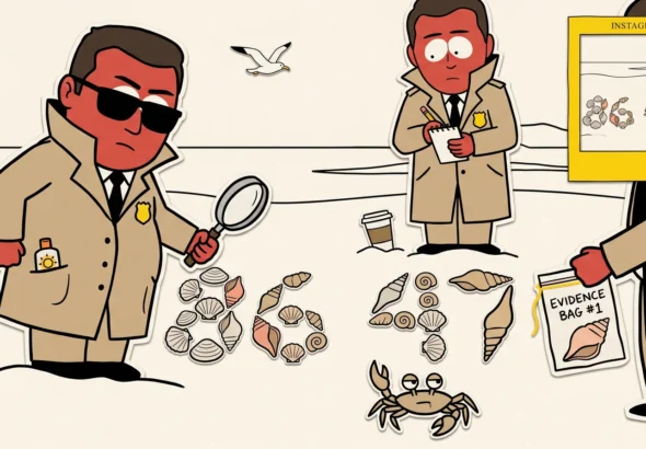 A cardboard beach diorama: three sunburnt FBI agents in trench coats and dark sunglasses surround seashells arranged on the sand to spell 86 47. One agent holds a magnifying glass over the 8, another takes notes, a third holds an evidence bag containing a single conch. A small paper crab walks past with a side-eye glance. In the upper-right corner, a paper Instagram-photo frame shows the same seashell arrangement recursively — construction-paper cutout cartoon
