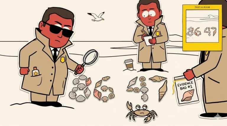 A cardboard beach diorama: three sunburnt FBI agents in trench coats and dark sunglasses surround seashells arranged on the sand to spell 86 47. One agent holds a magnifying glass over the 8, another takes notes, a third holds an evidence bag containing a single conch. A small paper crab walks past with a side-eye glance. In the upper-right corner, a paper Instagram-photo frame shows the same seashell arrangement recursively — construction-paper cutout cartoon