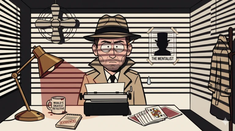 Construction-paper cartoon noir: Detective Briggs Mallory, a tall lean man with hollow cheeks, five-o'clock shadow, tan trench coat with collar popped, fedora pulled low over his brow, sits at a typewriter staring past the camera with a grim expression. Hard horizontal venetian-blinds shadow stripes drawn across the entire scene. A brass desk lamp casts a warm pool of light. On his desk: 'WORLD'S OKAYEST DETECTIVE' mug, EVIDENCE notepad, fanned paper-cutout deck of playing cards with the Queen of Spades on top. A single paper raindrop frozen mid-fall. A ceiling fan above. On the wall: a paper mug shot labeled 'THE MENTALIST' showing a top-hatted silhouette, and a second trench coat on a coat rack. Reported by Detective Briggs Mallory.