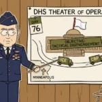 Major Veritas Steele Ret. at a cardboard military briefing room podium, holding a paper pointer stick at a giant DHS THEATER OF OPERATIONS map. The map shows the Capitol building flying a tiny white flag of surrender, an OBJECTIVE: TACTICAL DISENGAGEMENT banner across the House chamber, two cardboard trucks labeled ICE and CBP driving toward a paper RECONCILIATION BYPASS road sign, a DAY 76 counter pinned to the corner, and a small cross marker over Minneapolis acknowledging the real deaths the article references — construction-paper cutout cartoon