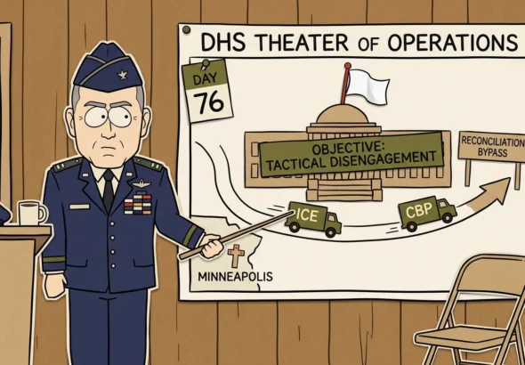 Major Veritas Steele Ret. at a cardboard military briefing room podium, holding a paper pointer stick at a giant DHS THEATER OF OPERATIONS map. The map shows the Capitol building flying a tiny white flag of surrender, an OBJECTIVE: TACTICAL DISENGAGEMENT banner across the House chamber, two cardboard trucks labeled ICE and CBP driving toward a paper RECONCILIATION BYPASS road sign, a DAY 76 counter pinned to the corner, and a small cross marker over Minneapolis acknowledging the real deaths the article references — construction-paper cutout cartoon