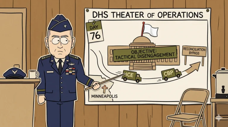 Major Veritas Steele Ret. at a cardboard military briefing room podium, holding a paper pointer stick at a giant DHS THEATER OF OPERATIONS map. The map shows the Capitol building flying a tiny white flag of surrender, an OBJECTIVE: TACTICAL DISENGAGEMENT banner across the House chamber, two cardboard trucks labeled ICE and CBP driving toward a paper RECONCILIATION BYPASS road sign, a DAY 76 counter pinned to the corner, and a small cross marker over Minneapolis acknowledging the real deaths the article references — construction-paper cutout cartoon
