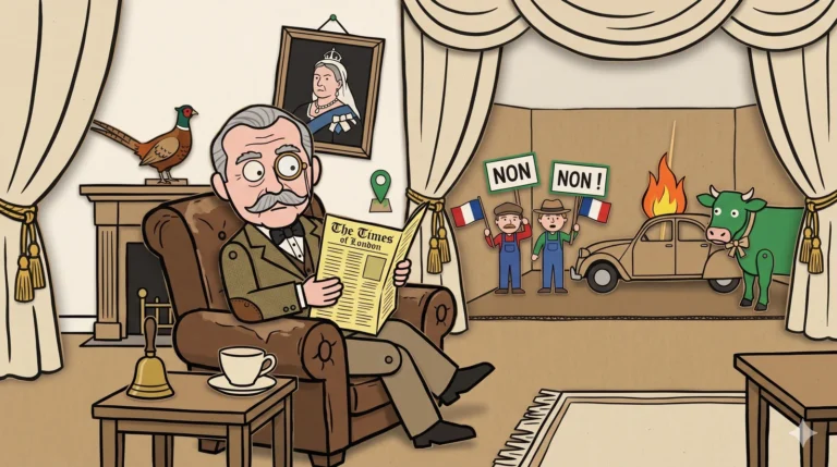 Construction-paper cartoon: Ambassador Bramwell P. Wexford III (older British man with grey moustache, monocle, bow tie, tweed jacket) reads The Times of London in a worn leather armchair in a 1974-style drawing room. A brass bell on the side table beside an empty teacup. Behind him: a slightly-crooked portrait of Queen Victoria, a paper pheasant on the mantelpiece, and through velvet drapes — paper French farmers holding 'NON' signs, a Citroën gently catching paper fire, an Argentine cow puppet entering with a small bow. Reported by Ambassador Bramwell P. Wexford III.