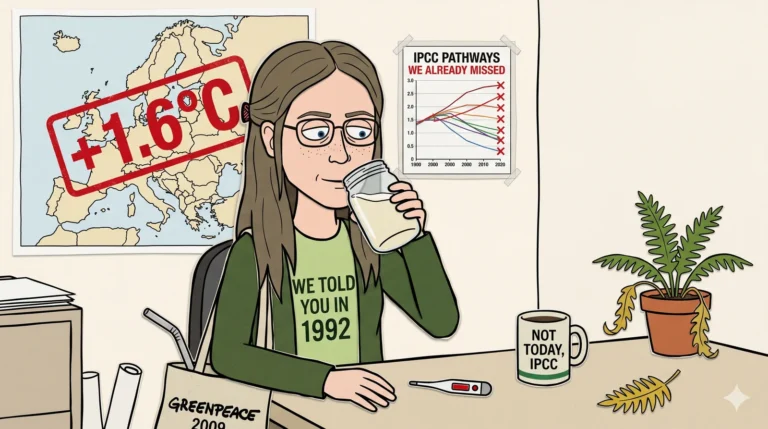 Construction-paper cartoon: Greta Thundergust, a thin angular woman in her mid-30s with long mousey-brown unbrushed hair, wire-frame glasses, deadpan half-smile, in an earth-tone wool cardigan over a faded green 'WE TOLD YOU IN 1992' T-shirt. She sips from a glass mason jar of oat milk at a bland newsroom desk. On the desk: a digital thermometer with the mercury maxed out, a 'NOT TODAY, IPCC' mug, a struggling potted fern (mostly yellow leaves), a 'GREENPEACE 2009' canvas tote at her feet. Behind her: a paper map of Europe with a giant red '+1.6°C' rubber stamp slapped diagonally over it, and an 'IPCC PATHWAYS WE ALREADY MISSED' chart with red X's. A single yellow fern leaf falling in the foreground. Reported by Greta Thundergust.