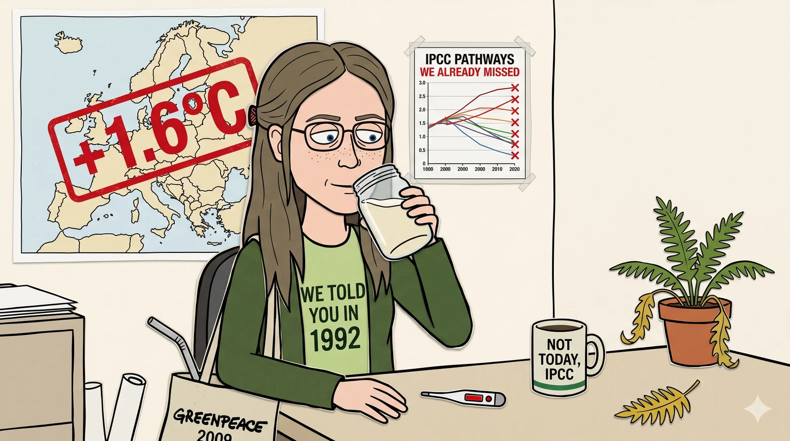 Construction-paper cartoon: Greta Thundergust, a thin angular woman in her mid-30s with long mousey-brown unbrushed hair, wire-frame glasses, deadpan half-smile, in an earth-tone wool cardigan over a faded green 'WE TOLD YOU IN 1992' T-shirt. She sips from a glass mason jar of oat milk at a bland newsroom desk. On the desk: a digital thermometer with the mercury maxed out, a 'NOT TODAY, IPCC' mug, a struggling potted fern (mostly yellow leaves), a 'GREENPEACE 2009' canvas tote at her feet. Behind her: a paper map of Europe with a giant red '+1.6°C' rubber stamp slapped diagonally over it, and an 'IPCC PATHWAYS WE ALREADY MISSED' chart with red X's. A single yellow fern leaf falling in the foreground. Reported by Greta Thundergust.