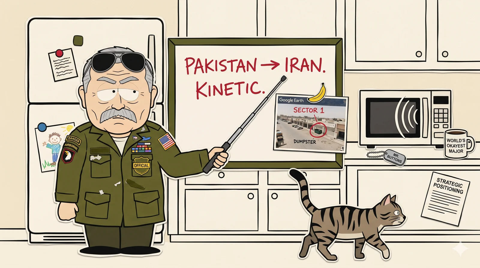 Construction-paper cartoon: Major Veritas Steele (Ret.), a stocky older man in olive-drab field jacket covered in dubious peeling patches (RANGER, AIRBORNE, faded American flag), bristling silver-grey moustache, aviator sunglasses pushed up on forehead, holding a retractable telescoping pointer, stands in a kitchen 'War Room' in front of a whiteboard pulled across the fridge that reads 'PAKISTAN → IRAN. KINETIC.' in red marker. A printed Google Earth screenshot of a Karachi strip mall labeled 'SECTOR 1' is pinned beside it with a banana magnet. A microwave dings paper sound waves. A tabby paper-cat (Mr. Buttons) walks across the foreground, indifferent. A 'WORLD'S OKAYEST MAJOR' mug sits on the counter. Reported by Major Veritas Steele.