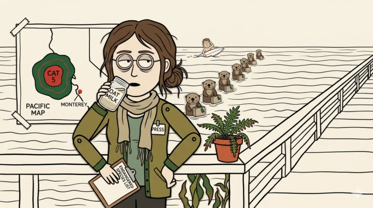 Greta Thundergust stands deadpan on a cardboard Santa Cruz pier, mid-sip from a mason jar labeled OAT MILK, holding an Endangered Species List clipboard. A paper Pacific map with a CAT 5 heat blob over Monterey is taped to the railing. Behind her, a single-file procession of paper-cutout sea otters carrying tiny suitcases drifts north, and a lone surfer paddles away — construction-paper cutout cartoon