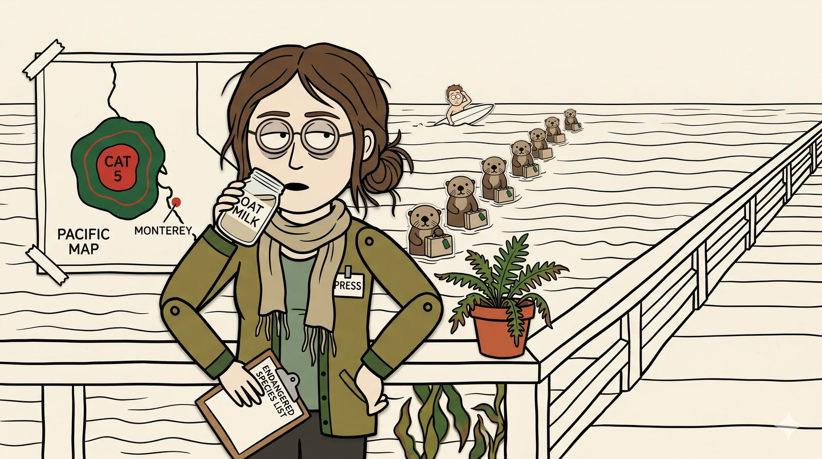 Greta Thundergust stands deadpan on a cardboard Santa Cruz pier, mid-sip from a mason jar labeled OAT MILK, holding an Endangered Species List clipboard. A paper Pacific map with a CAT 5 heat blob over Monterey is taped to the railing. Behind her, a single-file procession of paper-cutout sea otters carrying tiny suitcases drifts north, and a lone surfer paddles away — construction-paper cutout cartoon