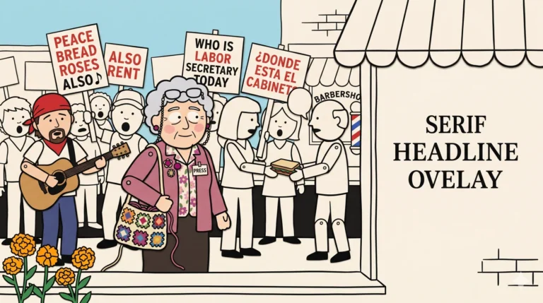 Madge Fenwick walks calmly through a small-town May Day protest holding her crochet bag, paper-cutout protesters chant silently behind her with red picket signs reading PEACE BREAD ROSES ALSO RENT and ¿DONDE ESTA EL CABINET — construction-paper cutout cartoon