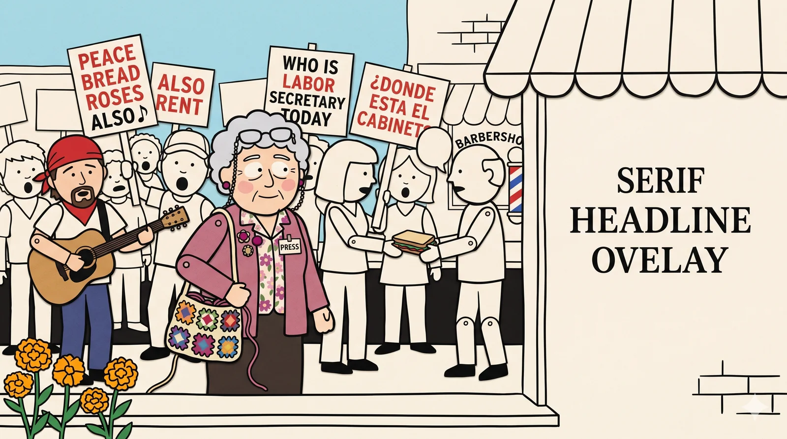 Madge Fenwick walks calmly through a small-town May Day protest holding her crochet bag, paper-cutout protesters chant silently behind her with red picket signs reading PEACE BREAD ROSES ALSO RENT and ¿DONDE ESTA EL CABINET — construction-paper cutout cartoon