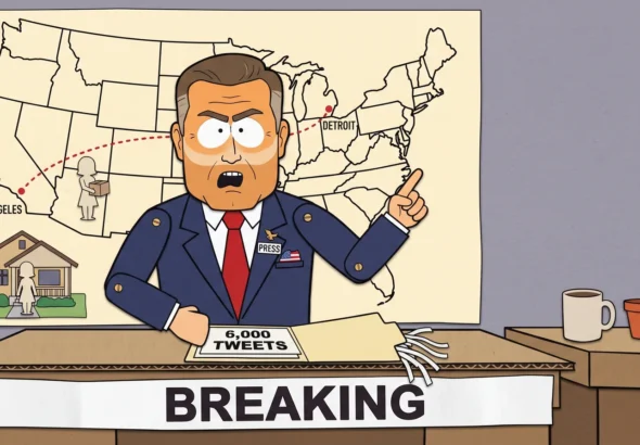 Hank Truthington at his anchor desk mid-shout, finger jabbing the camera, behind him a paper U.S. map shows a red dotted line from Los Angeles to Detroit with a duplicated paper-cutout figure standing in two places at once. A 6,000 TWEETS folder sits on the desk being shredded. A BREAKING chyron strip runs across the front of the desk — construction-paper cutout cartoon