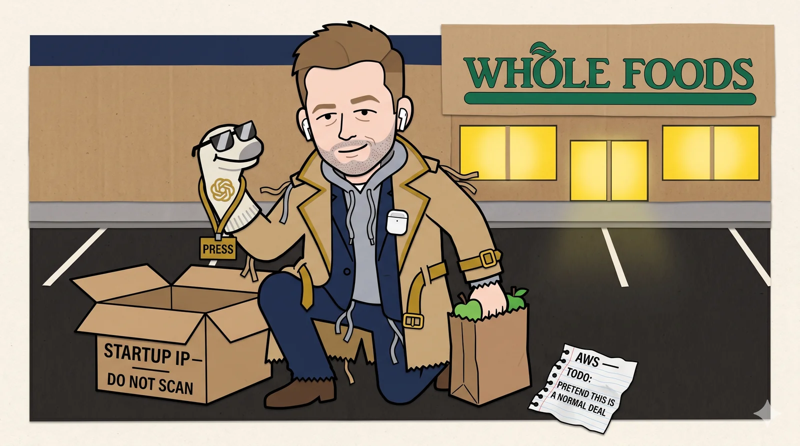 Chad ChadGPT Bartholomew in a cardboard nighttime parking lot outside Whole Foods, crouching to negotiate with a sock puppet wearing mirrored sunglasses, a PRESS lanyard, and a gold OpenAI logo — construction-paper cutout cartoon