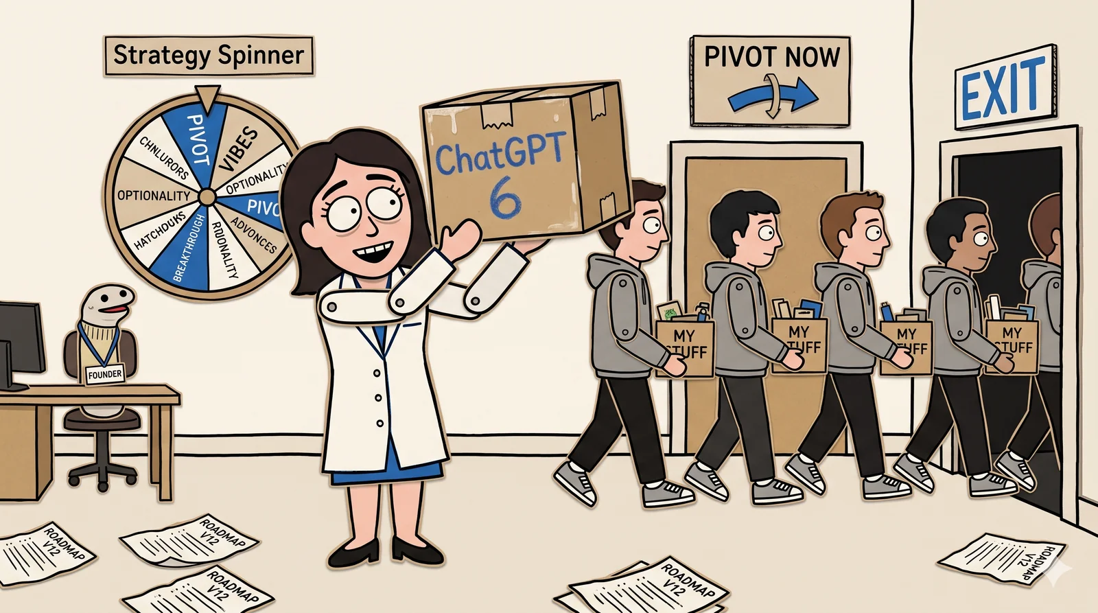 Construction-paper cartoon: Dr. Mira Voltage in a white lab coat holds aloft a cardboard 'ChatGPT 6' box like a holy relic. Behind her, a single-file line of paper-cutout employees in grey hoodies walks toward an EXIT sign carrying 'MY STUFF' boxes. A 'Strategy Spinner' wheel mid-rotation on the wall (PIVOT, VIBES, OPTIONALITY, BREAKTHROUGH). A sock puppet wearing a 'FOUNDER' lanyard sits alone at an abandoned desk. Crumpled 'ROADMAP V12' pages on the floor. Reported by Dr. Mira Voltage.
