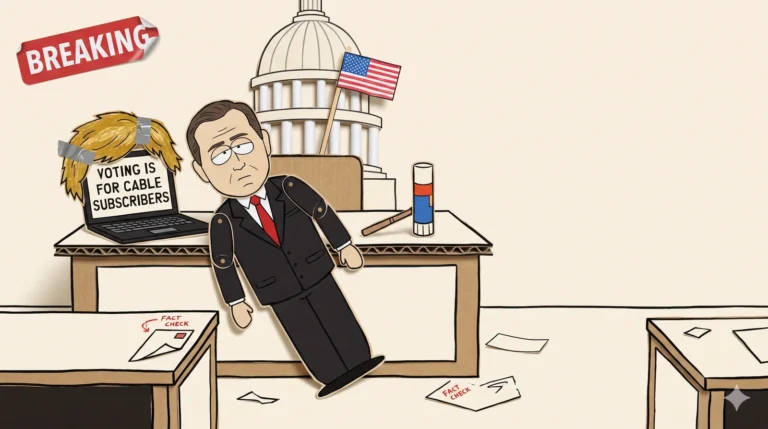 Construction-paper cartoon of the U.S. Senate floor: a paper-cutout Senator in a suit and red tie sliding off his desk, a laptop with a wig duct-taped on top reading 'VOTING IS FOR CABLE SUBSCRIBERS', a glue-stick gavel, a paper Capitol dome with a marker American flag, and a peeling 'BREAKING' sticker in the corner. Reported by Hank Truthington.