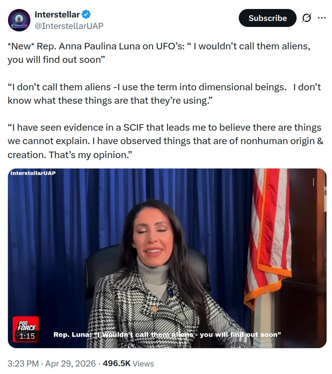 Screenshot of @InterstellarUAP tweet from April 29 2026 quoting Rep. Anna Paulina Luna saying she does not call them aliens, she uses the term inter-dimensional beings, and that she has seen evidence in a SCIF that things are of nonhuman origin and creation