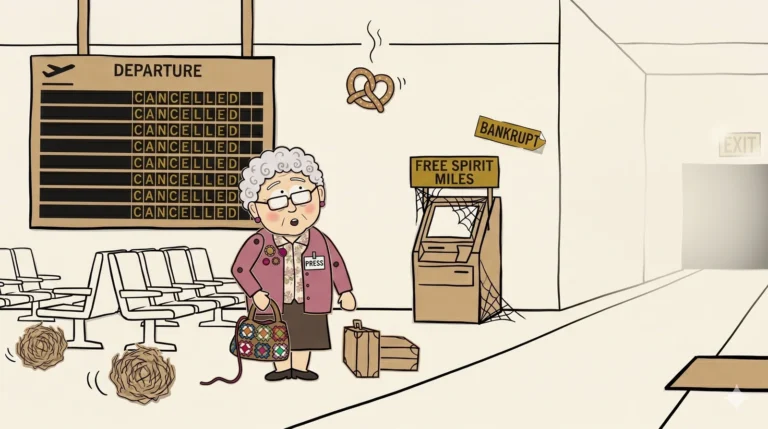 Madge Fenwick stands alone in a vast empty cardboard airport terminal, paper tumbleweeds at her feet, a single paper pretzel drifting down from the ceiling, the departure board behind her shows every flight CANCELLED, an abandoned FREE SPIRIT MILES kiosk and BANKRUPT sticker to the side — construction-paper cutout cartoon