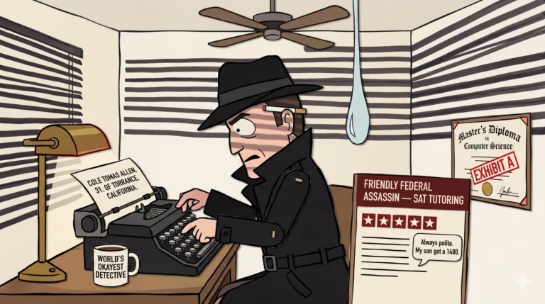 Construction-paper cartoon noir continuity: Detective Briggs Mallory at the typewriter, fedora pulled low, trench coat, unsmoked cigarette behind ear, mid-strike on a key. The page in the typewriter reads 'COLE TOMAS ALLEN, 31, OF TORRANCE, CALIFORNIA.' Same brass desk lamp, same horizontal venetian-blinds shadow stripes, same paper raindrop, same 'WORLD'S OKAYEST DETECTIVE' mug. On the right side of the desk: a Yelp-style review page labeled 'FRIENDLY FEDERAL ASSASSIN — SAT TUTORING' with five paper stars and a reviewer note 'Always polite. My son got a 1480.' Propped against the wall: a Master's Diploma in Computer Science with a red 'EXHIBIT A' stamp. Reported by Detective Briggs Mallory.