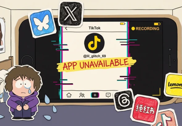 Construction-paper cartoon: a giant cardboard smartphone laid horizontally with the TikTok app showing 'APP UNAVAILABLE' in red marker across a glitched screen (RGB-shift edges in cyan and magenta, scanlines, RECORDING dot in upper-right). Around the phone: paper-cutout app icons for Bluesky, X/Twitter, Lemon8, RedNote scattered like fallen cards. In the lower-left: lil_glitch_69, a Gen Z teen with messy chin-length hair in an oversized purple hoodie with the hood up, hugging their knees, surrounded by paper teardrops. Background: a messy paper bedroom corner with an unmade bed and a torn TikToker poster. Reported by lil_glitch_69.