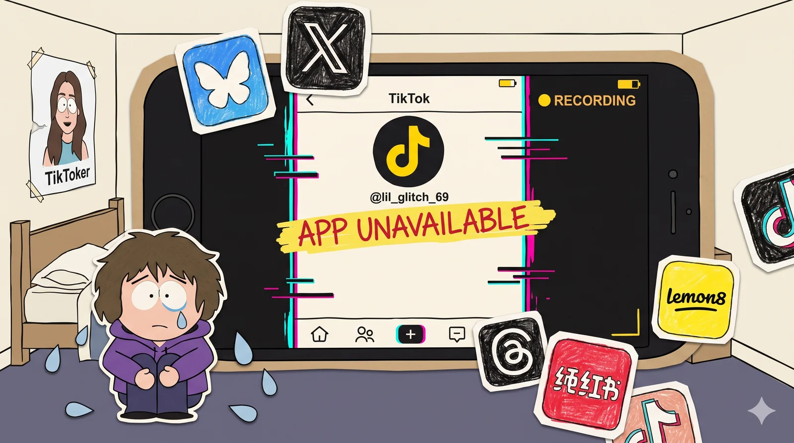 Construction-paper cartoon: a giant cardboard smartphone laid horizontally with the TikTok app showing 'APP UNAVAILABLE' in red marker across a glitched screen (RGB-shift edges in cyan and magenta, scanlines, RECORDING dot in upper-right). Around the phone: paper-cutout app icons for Bluesky, X/Twitter, Lemon8, RedNote scattered like fallen cards. In the lower-left: lil_glitch_69, a Gen Z teen with messy chin-length hair in an oversized purple hoodie with the hood up, hugging their knees, surrounded by paper teardrops. Background: a messy paper bedroom corner with an unmade bed and a torn TikToker poster. Reported by lil_glitch_69.