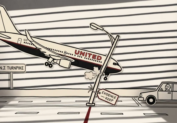 A noir paper-cutout reenactment: a cardboard Boeing 767 in United livery descends diagonally over a paper New Jersey Turnpike, its starboard wing-tip clipping a single paper light pole that has bent at the impact point. A small paper EVIDENCE—KEEP tag is tied to the pole. A paper sedan sits to the right with its driver staring up jaw-dropped. Hard horizontal noir blinds-shadows in marker stripe across the entire scene — construction-paper cutout cartoon