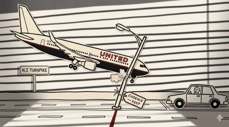 A noir paper-cutout reenactment: a cardboard Boeing 767 in United livery descends diagonally over a paper New Jersey Turnpike, its starboard wing-tip clipping a single paper light pole that has bent at the impact point. A small paper EVIDENCE—KEEP tag is tied to the pole. A paper sedan sits to the right with its driver staring up jaw-dropped. Hard horizontal noir blinds-shadows in marker stripe across the entire scene — construction-paper cutout cartoon