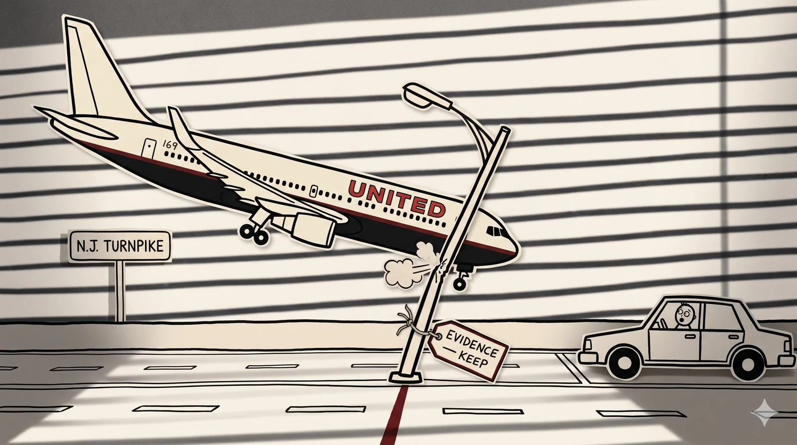 A noir paper-cutout reenactment: a cardboard Boeing 767 in United livery descends diagonally over a paper New Jersey Turnpike, its starboard wing-tip clipping a single paper light pole that has bent at the impact point. A small paper EVIDENCE—KEEP tag is tied to the pole. A paper sedan sits to the right with its driver staring up jaw-dropped. Hard horizontal noir blinds-shadows in marker stripe across the entire scene — construction-paper cutout cartoon